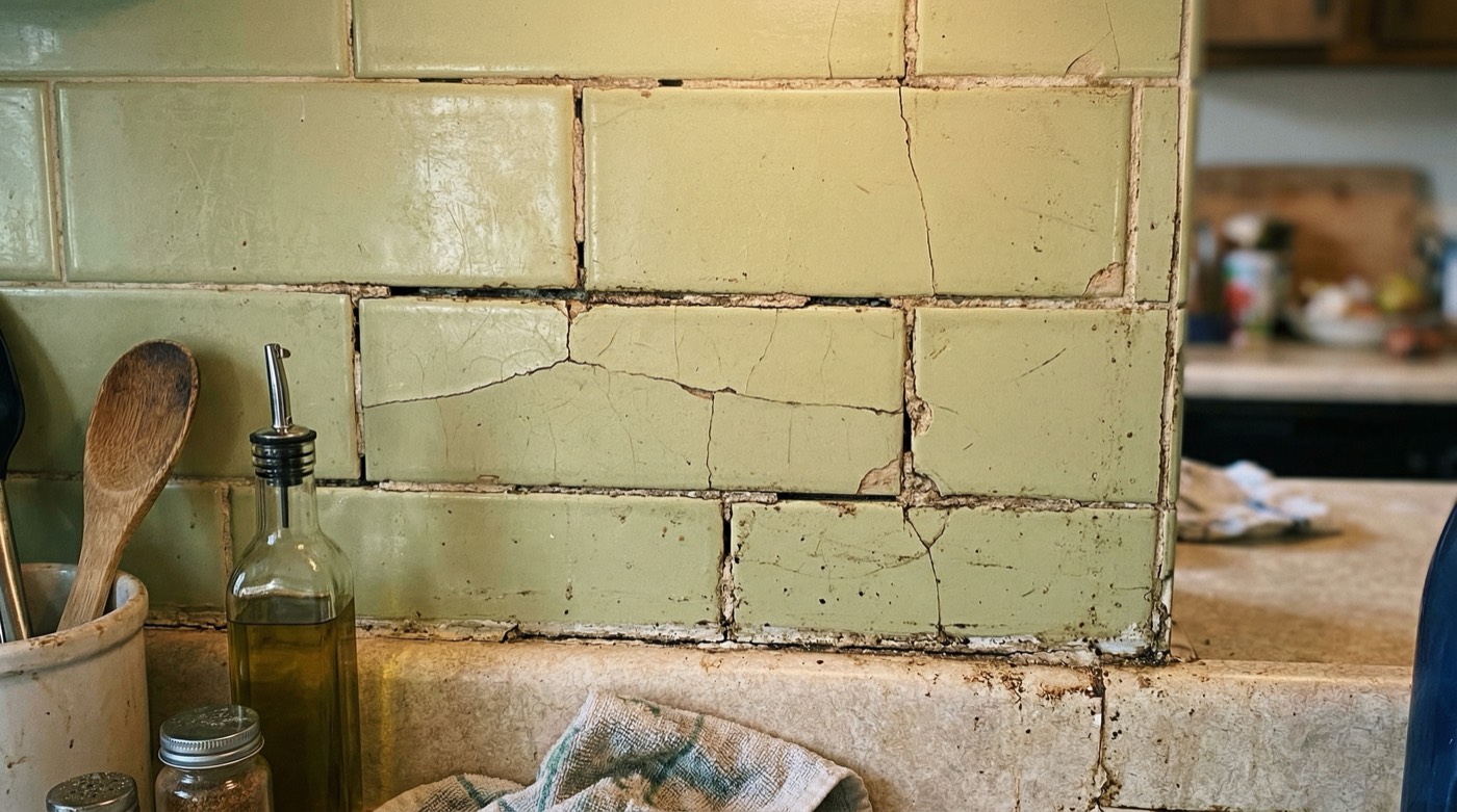 Cracked 1970s kitchen backsplash tile, homeowner submission photo