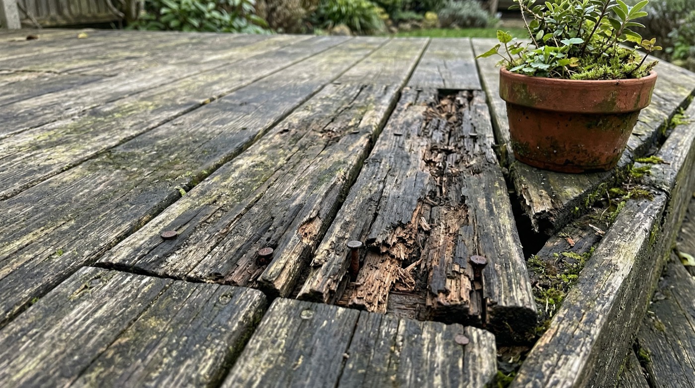 Weathered outdoor deck with rotted boards, user submission photo