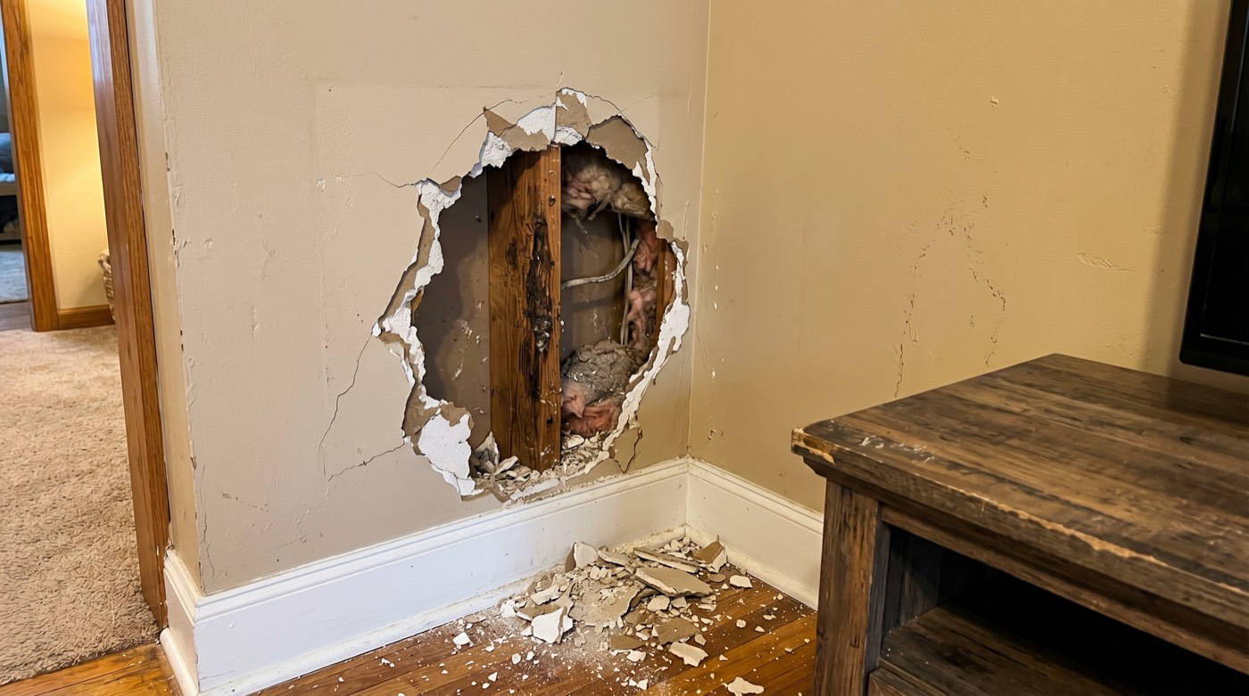 Basketball-sized hole in drywall corner with exposed stud