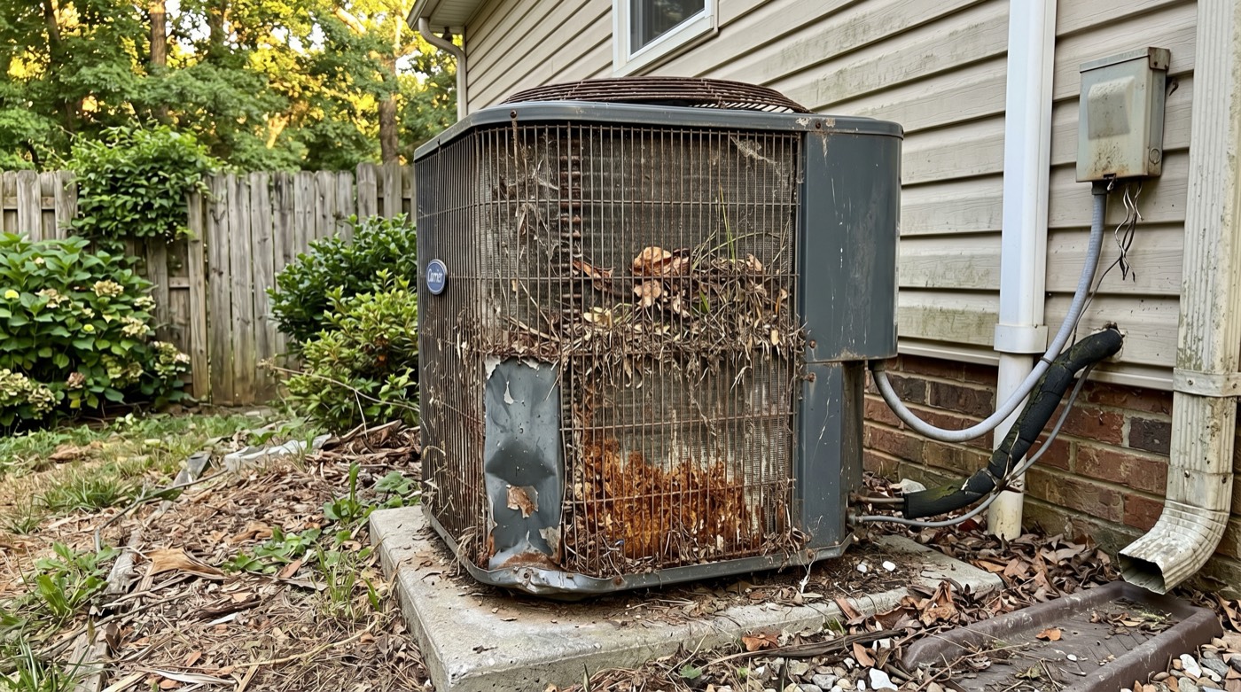 Rusted exterior HVAC condenser unit with debris in the grille
