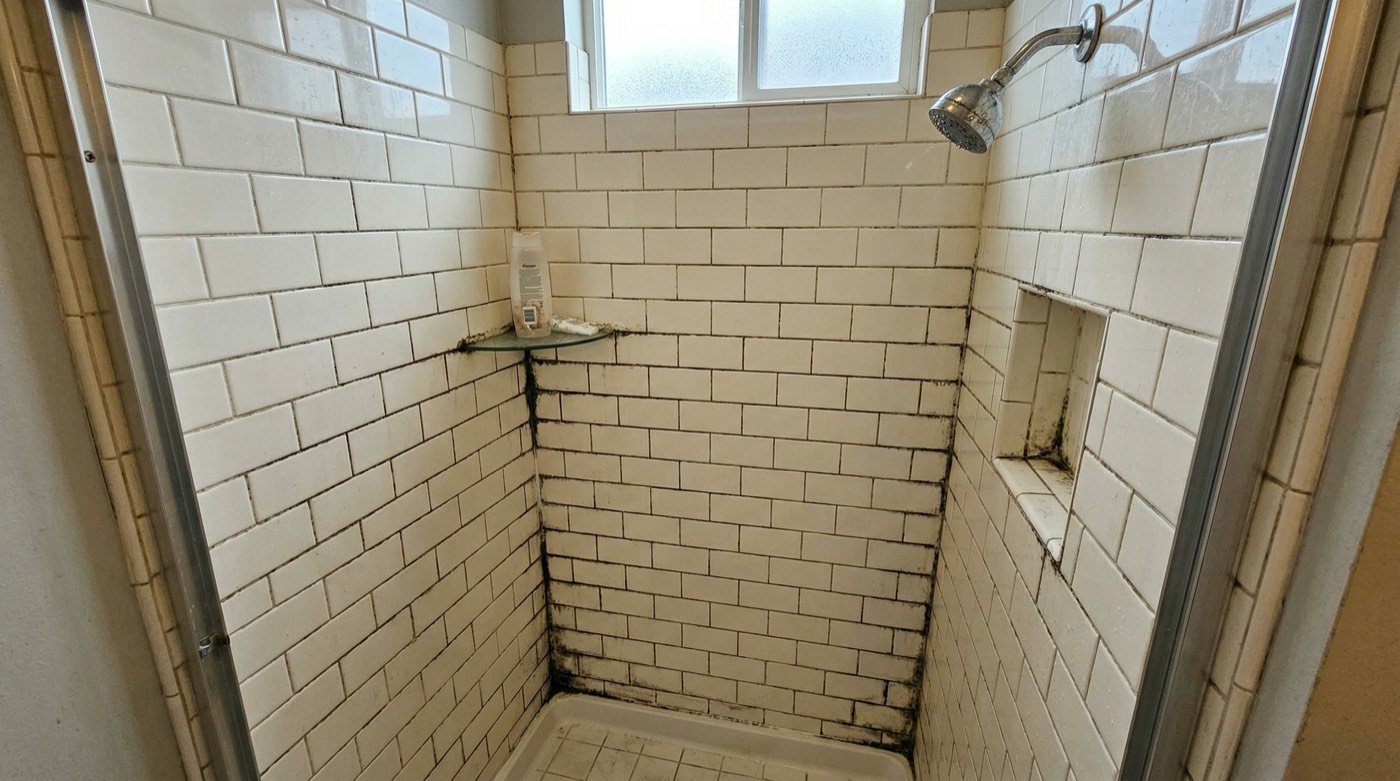 Master bathroom shower with mildewed grout on subway tiles
