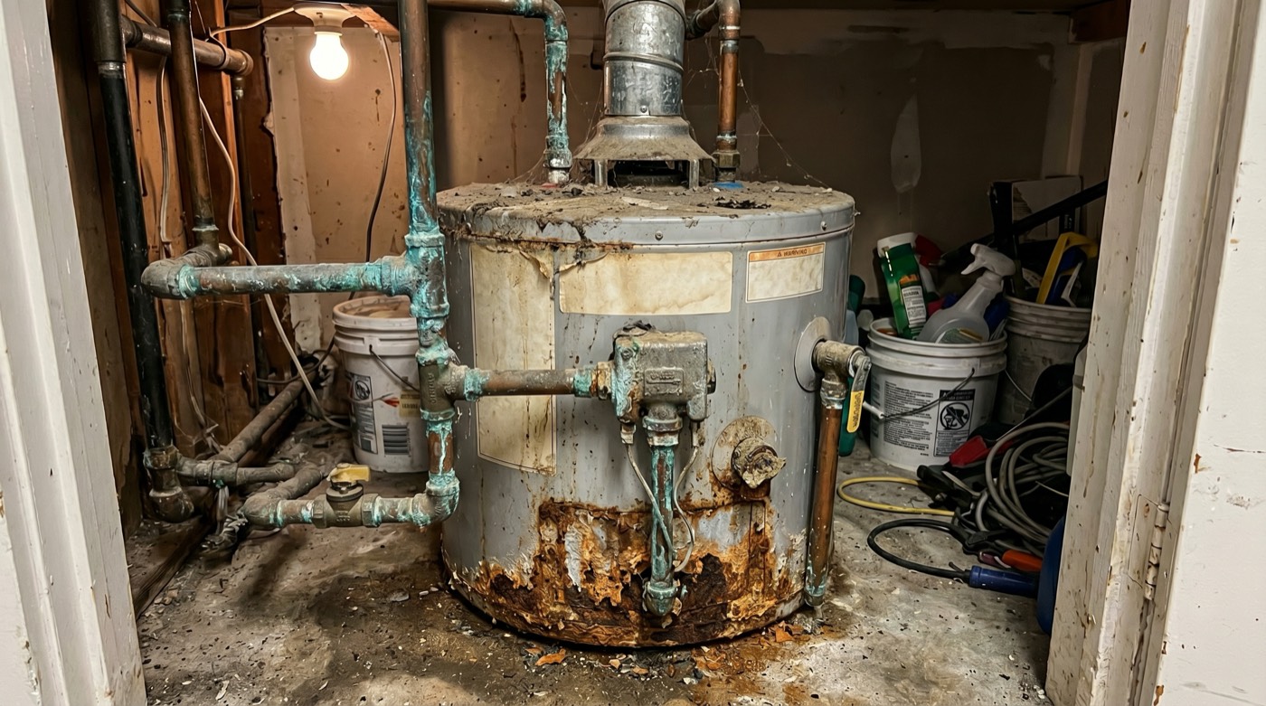 Aging rusted water heater in a closet, user submission photo